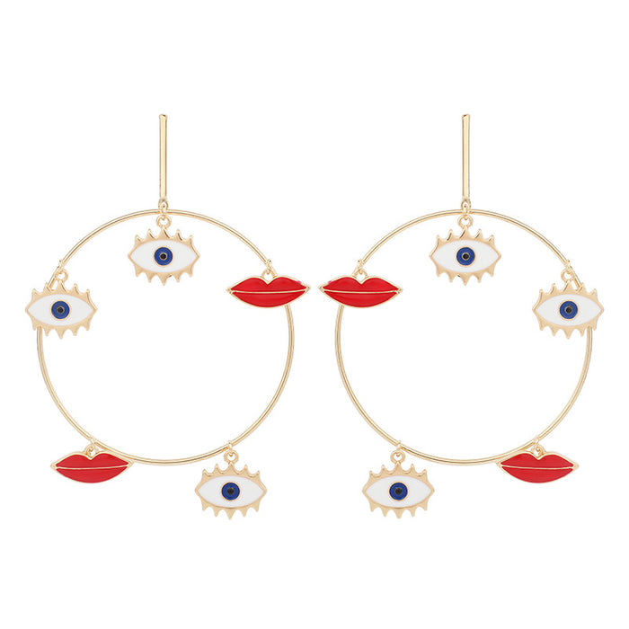 Wholesale Exaggerated French Eyes Red Lips Geometric Big Circle Earrings MOQ≥2 JDC-ES-Yir011