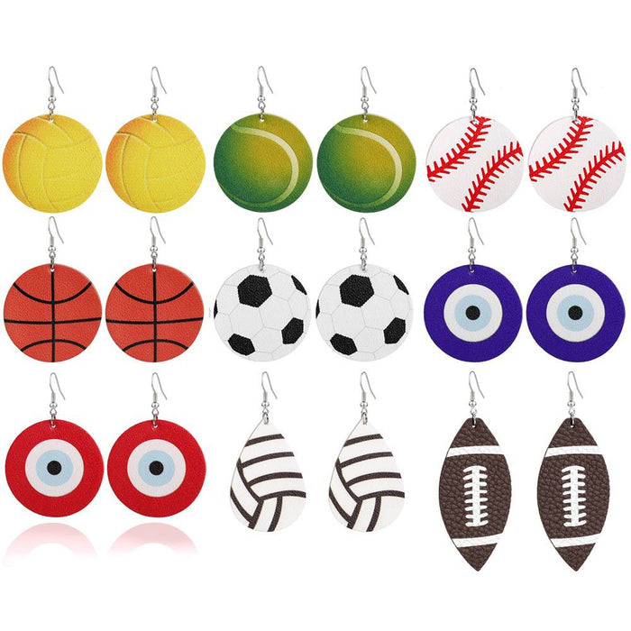 Wholesale Football Rugby Devil's Eye Leather Earrings MOQ≥2 JDC-ES-Zhongn006