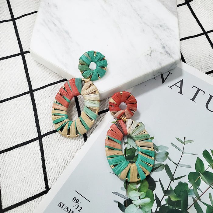 Wholesale Hollow Dyed Color Raffia Braided Women's Stud Earrings JDC-ES-jj408