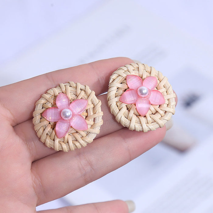 Jewelry WholesaleWholesale geometric resin flower rattan woven round pearl acrylic earrings JDC-ES-Lai012 Earrings 恋艾 %variant_option1% %variant_option2% %variant_option3%  Factory Price JoyasDeChina Joyas De China