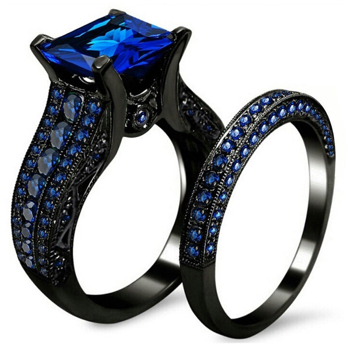 Wholesale Rings Alloy Blue Cubic Zirconia Micro Inlay Black Gold Plated Double Layer JDC-RS-AnC003