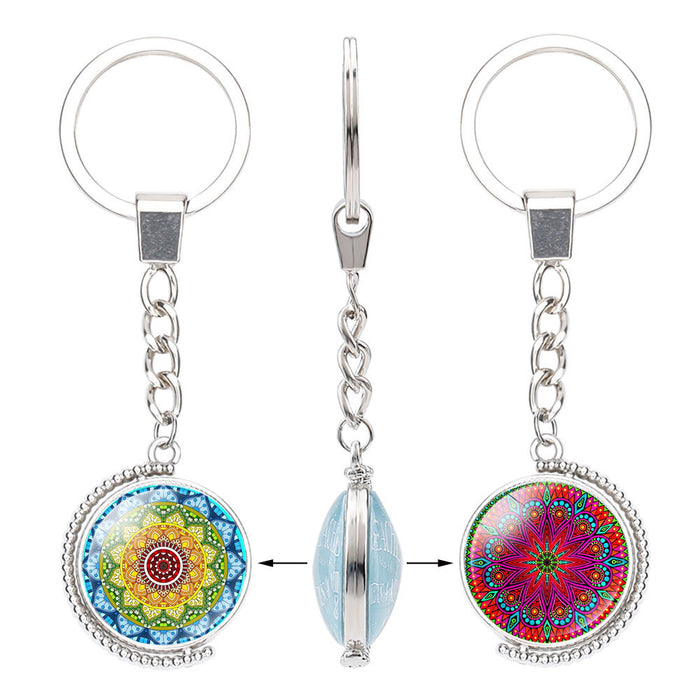 Wholesale Buddhist Lucky Charm Mandala Flower Time Gemstone Alloy Glass Keychain JDC-KC-NingX016