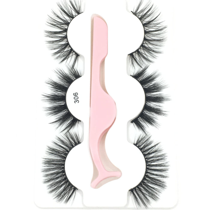 Wholesale 3D Imitation Mink Hair False Eyelashes 3 Pairs Pack with Tweezers JDC-EY-MYan004