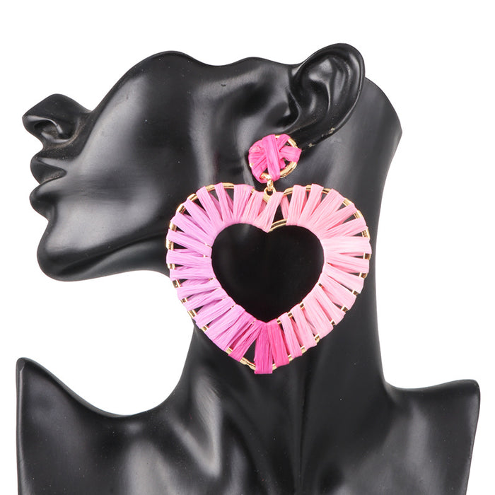 Wholesale exaggerated metal heart earrings raffia handmade JDC-ES-jr036