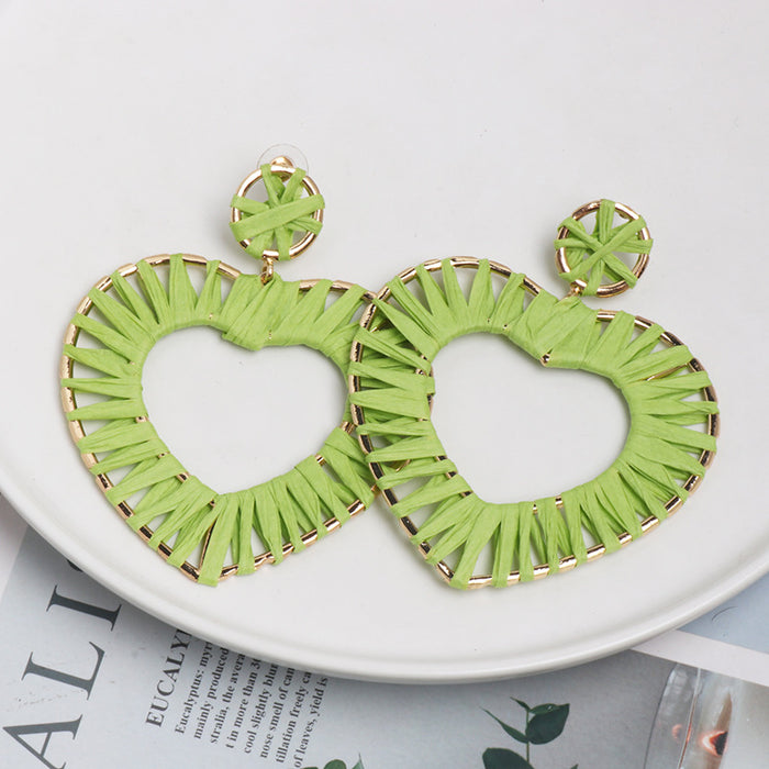 Wholesale exaggerated metal heart earrings raffia handmade JDC-ES-jr036