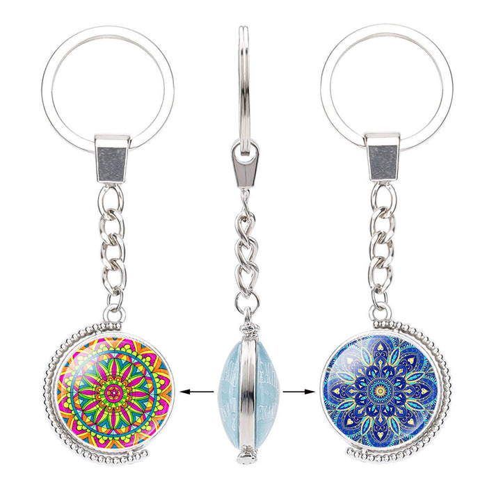 Wholesale Buddhist Lucky Charm Mandala Flower Time Gemstone Alloy Glass Keychain JDC-KC-NingX016