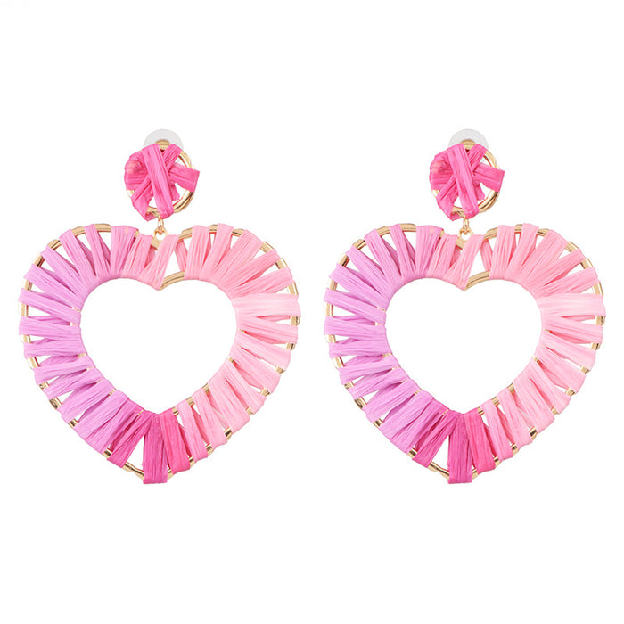 Wholesale exaggerated metal heart earrings raffia handmade JDC-ES-jr036