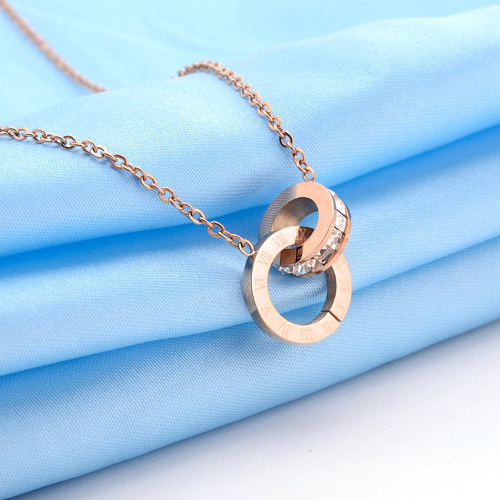 Wholesale Titanium Steel Diamond Lettering Pendant Rose Gold Roman Double Ring Zircon Necklace (F) JDC-NE-NuanShuo001