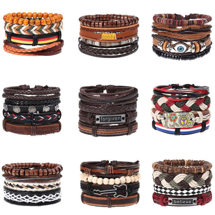 Wholesale Vintage Braided Combination Set Cowhide Diy Men's Leather Bracelet JDC-BT-SaiH001