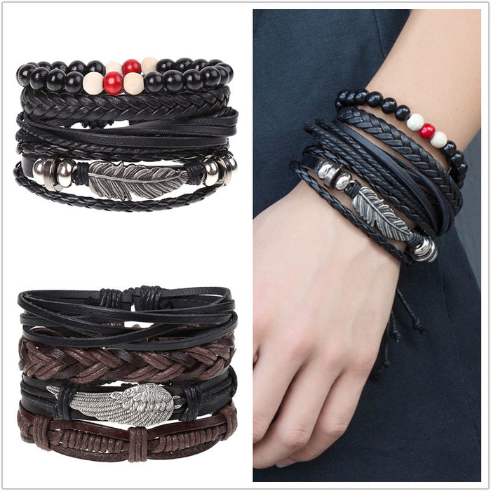 Wholesale Vintage Braided Combination Set Cowhide Diy Men's Leather Bracelet JDC-BT-SaiH001