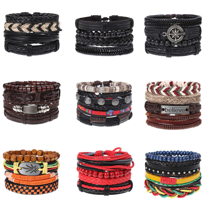 Wholesale Vintage Braided Combination Set Cowhide Diy Men's Leather Bracelet JDC-BT-SaiH001