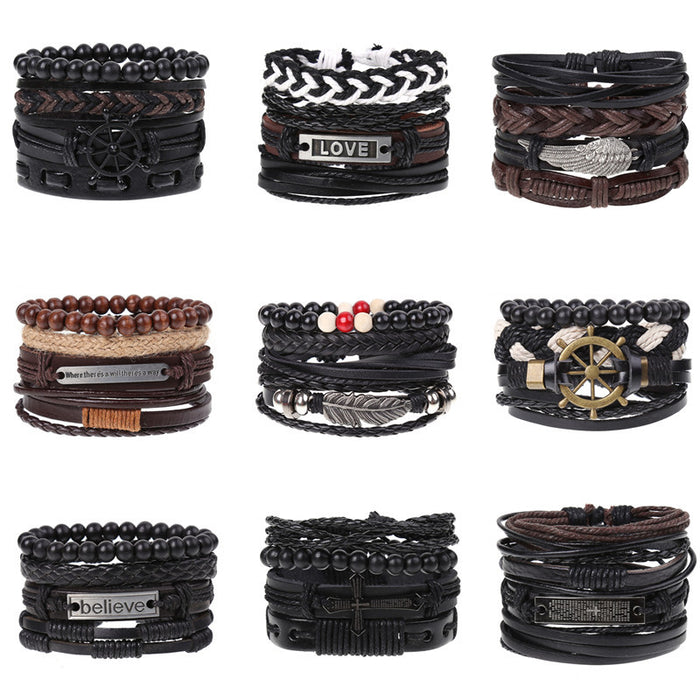 Wholesale Vintage Braided Combination Set Cowhide Diy Men's Leather Bracelet JDC-BT-SaiH001