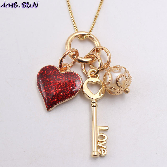 Wholesale red peach heart pendant drip oil alloy children's necklace JDC-NE-nijia003