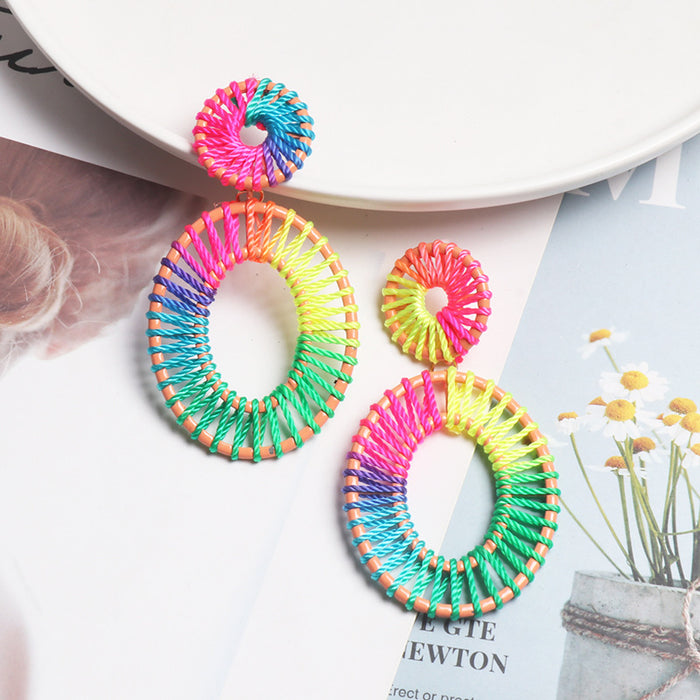 Wholesale Hollow Alloy Dyed Color Raffia Braided Women's Stud Earrings JDC-ES-jj406