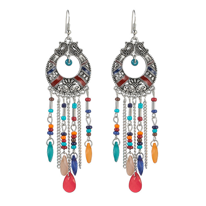 Wholesale Alloy Earrings Exaggerated Round Hollow Bohemian Long Tassel Drops JDC-ES-YYDX003