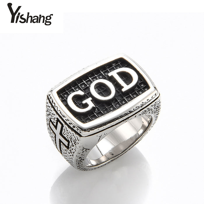 Wholesale Ring Titanium Steel Personality Retro GOD JDC-RS-YiS015