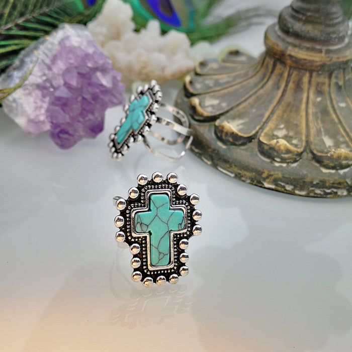 Wholesale 925 Silver Plated Cross Turquoise Metal Ring JDC-RS-RongY005