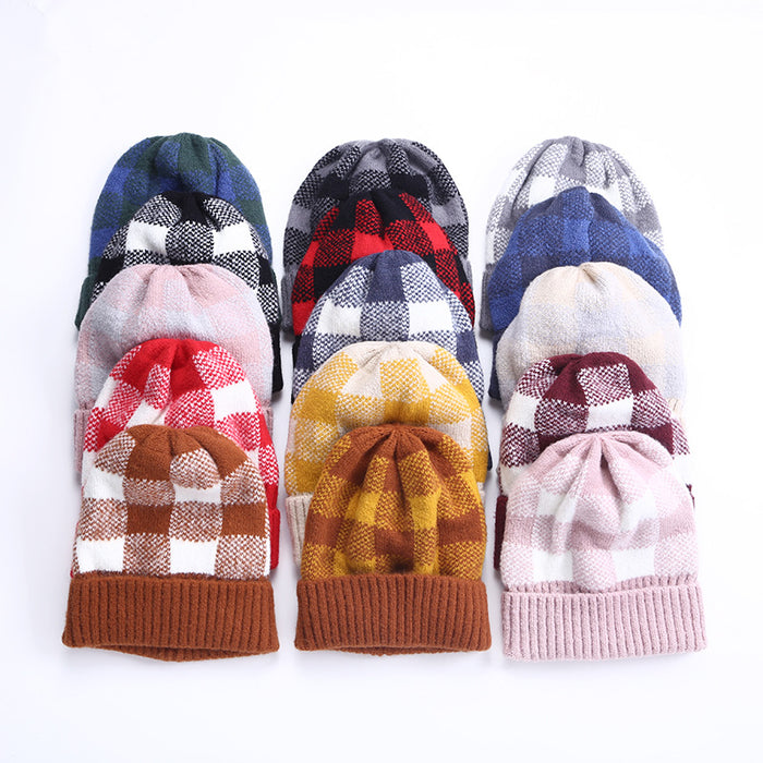 Wholesale Hat Acrylic Fleece Warm Simple Mixed Color Plaid Knitted Hat JDC-FH-YueH014