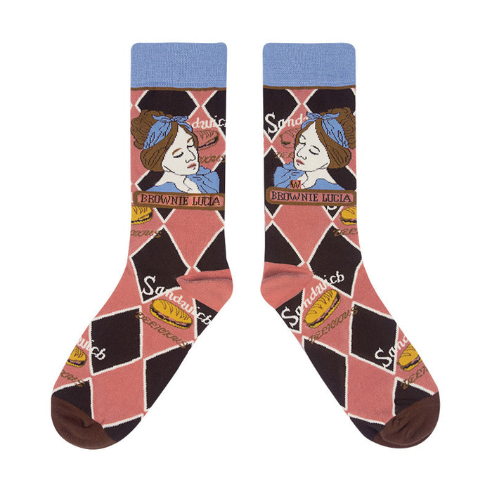 Wholesale Socks Cotton Illustration Plaid Cartoon Cute MOQ≥3 JDC-SK-XunaH002