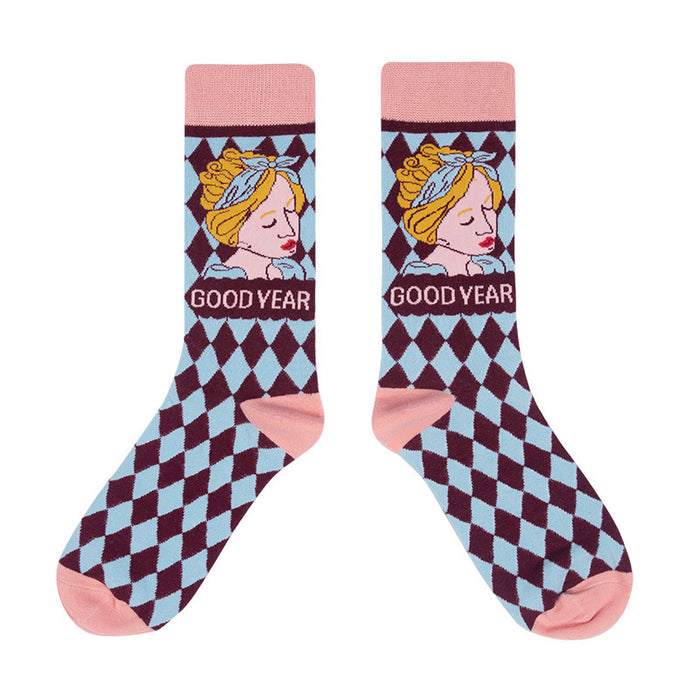 Wholesale Socks Cotton Illustration Plaid Cartoon Cute MOQ≥3 JDC-SK-XunaH002