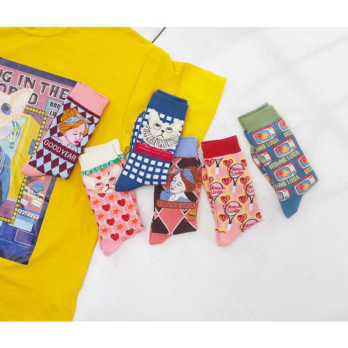 Wholesale Socks Cotton Illustration Plaid Cartoon Cute MOQ≥3 JDC-SK-XunaH002