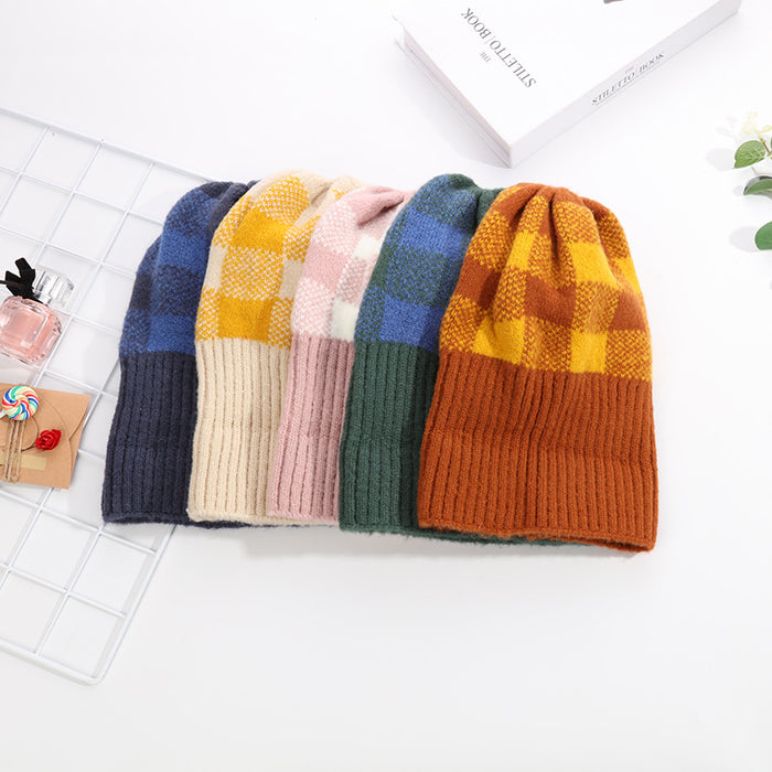 Wholesale Hat Acrylic Fleece Warm Simple Mixed Color Plaid Knitted Hat JDC-FH-YueH014