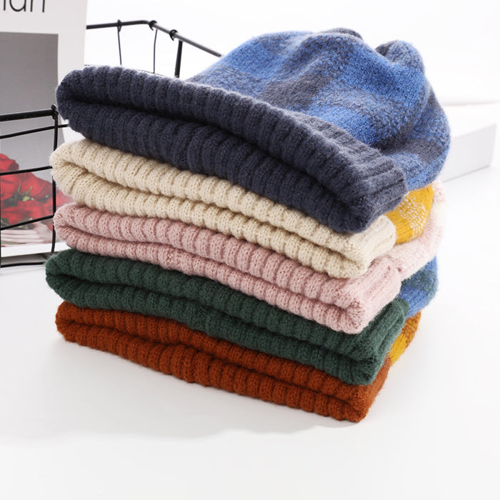 Wholesale Hat Acrylic Fleece Warm Simple Mixed Color Plaid Knitted Hat JDC-FH-YueH014