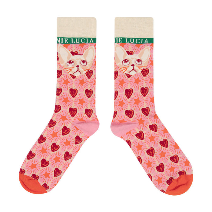 Wholesale Socks Cotton Illustration Plaid Cartoon Cute MOQ≥3 JDC-SK-XunaH002