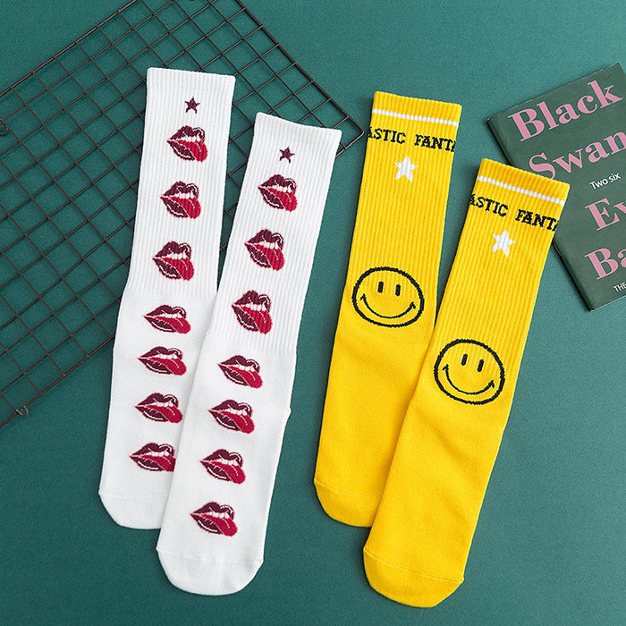 Wholesale Street Sports Casual Ladies Mid Tube Socks Cartoon Smiley Red Lips Tide Socks JDC-SK-MZX011