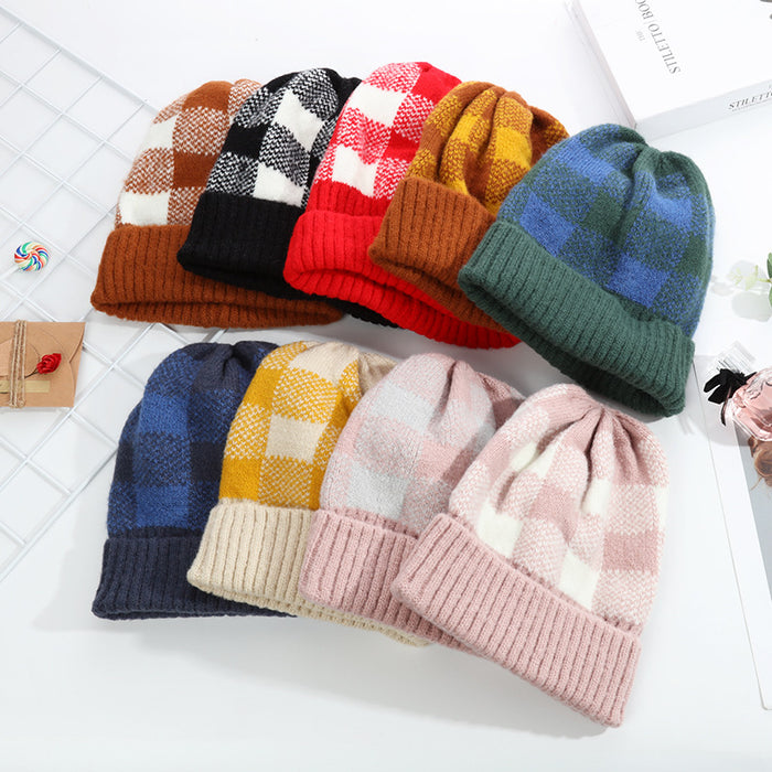 Wholesale Hat Acrylic Fleece Warm Simple Mixed Color Plaid Knitted Hat JDC-FH-YueH014