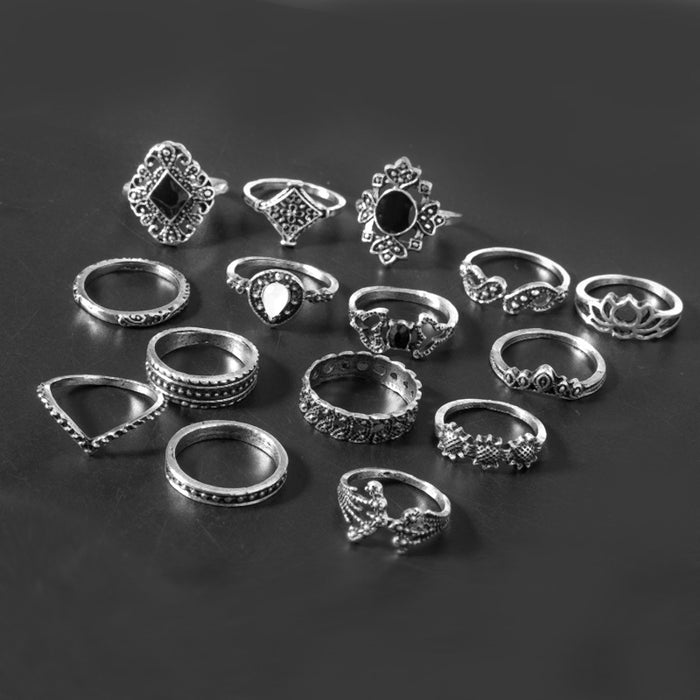 Wholesale Vintage Cutout Sunflower Black Stone Alloy Ring Set JDC-RS-Saip012