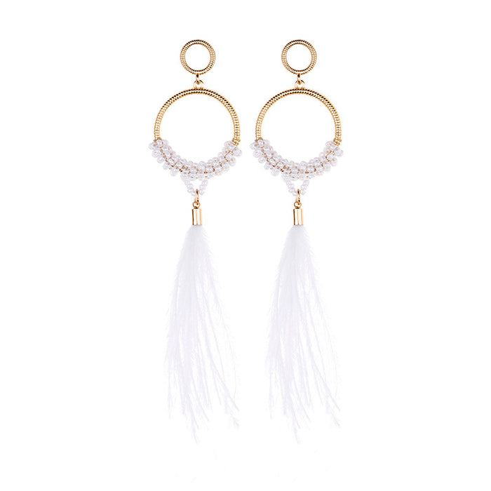 Wholesale Alloy Rice Beads Ostrich Hair Earrings MOQ≥2 JDC-ES-JM009