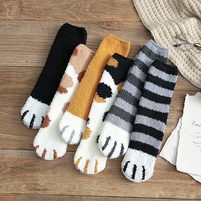 Wholesale socks autumn and winter style plus velvet thick warm cartoon cute cat paws MOQ≥5 JDC-SK-FNiu003