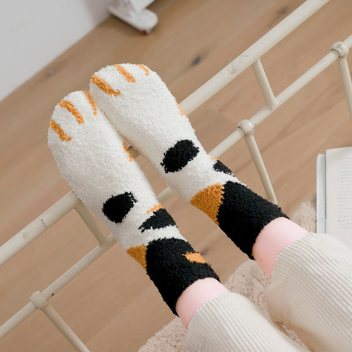 Wholesale socks autumn and winter style plus velvet thick warm cartoon cute cat paws MOQ≥5 JDC-SK-FNiu003