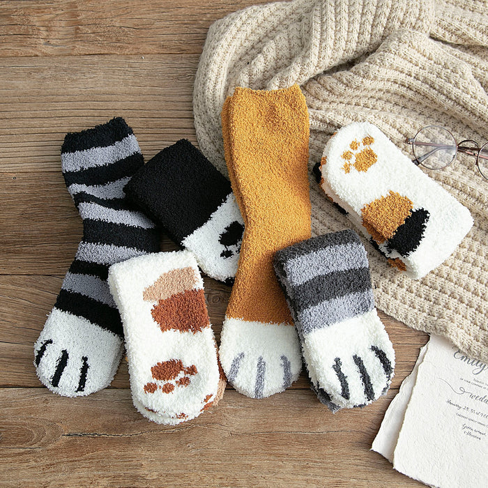 Wholesale socks autumn and winter style plus velvet thick warm cartoon cute cat paws MOQ≥5 JDC-SK-FNiu003