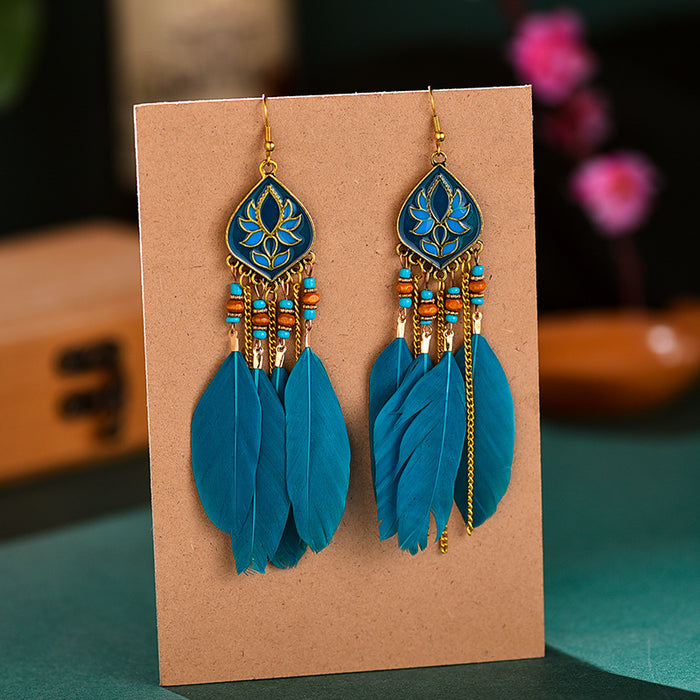 Wholesale Earrings Alloy Retro Long Feather Beads Rhombus Tassel JDC-ES-YYDX004