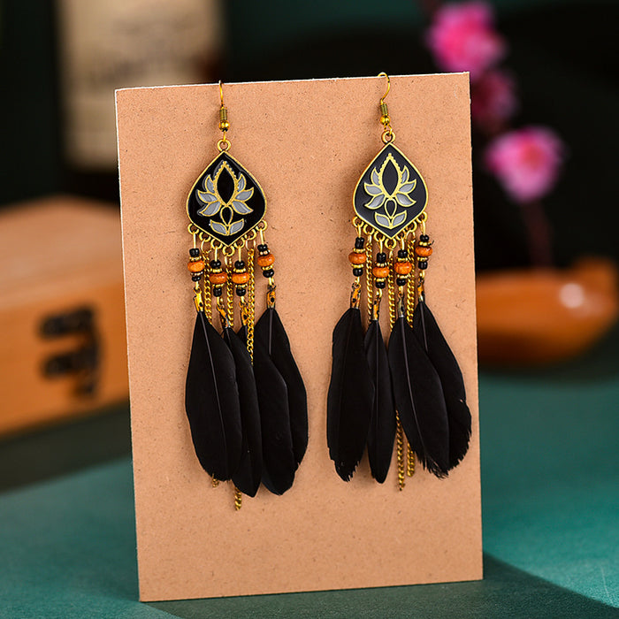 Wholesale Earrings Alloy Retro Long Feather Beads Rhombus Tassel JDC-ES-YYDX004