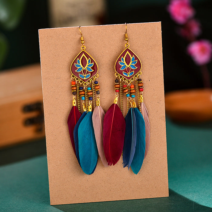 Wholesale Earrings Alloy Retro Long Feather Beads Rhombus Tassel JDC-ES-YYDX004