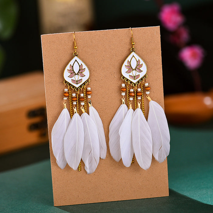 Wholesale Earrings Alloy Retro Long Feather Beads Rhombus Tassel JDC-ES-YYDX004