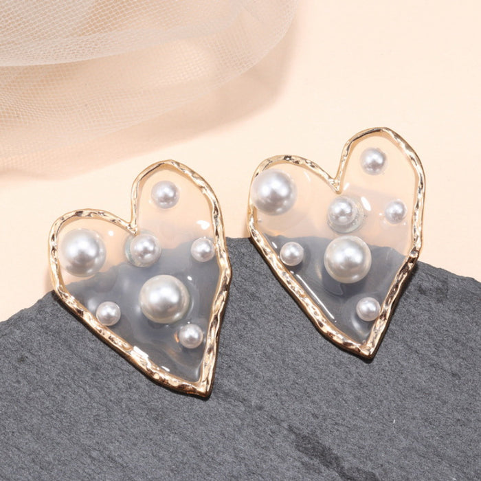 Wholesale Heart Shape Transparent Resin Pearl Alloy Earrings MOQ≥2 JDC-ES-DianQ006