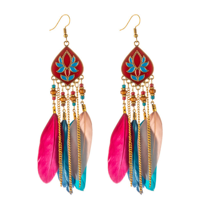 Wholesale Earrings Alloy Retro Long Feather Beads Rhombus Tassel JDC-ES-YYDX004