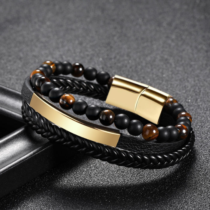 Wholesale Tiger Eye Stone Bead Bracelet Leather Rope Braided Bracelet JDC-BT-DiS002