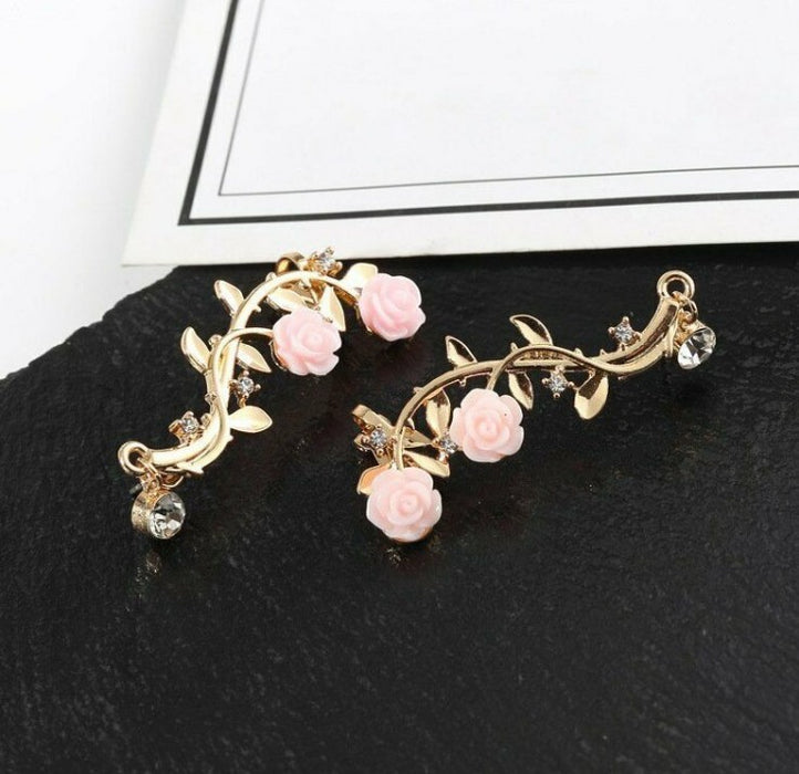 Wholesale leaf flower rose branch ear stud ear clip JDC-ES-JDie008