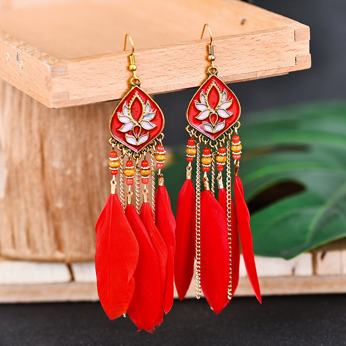 Wholesale Earrings Alloy Retro Long Feather Beads Rhombus Tassel JDC-ES-YYDX004