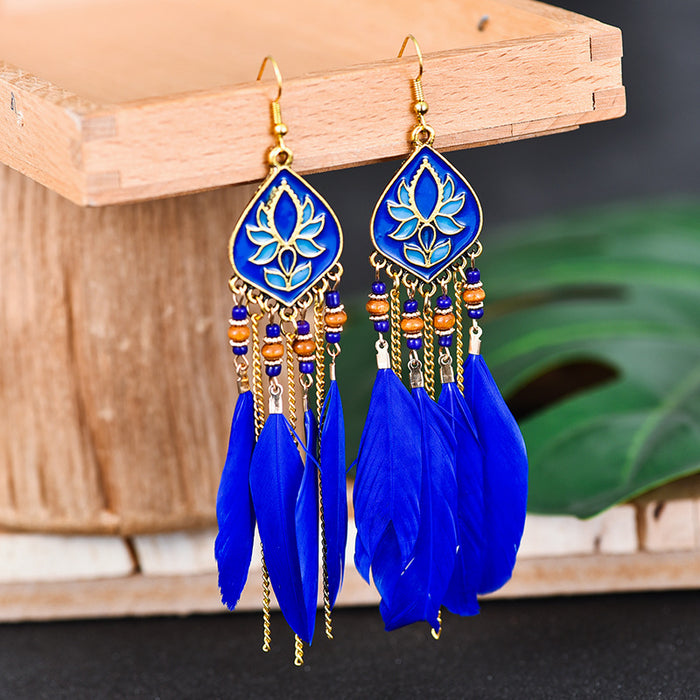 Wholesale Earrings Alloy Retro Long Feather Beads Rhombus Tassel JDC-ES-YYDX004