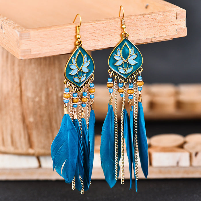 Wholesale Earrings Alloy Retro Long Feather Beads Rhombus Tassel JDC-ES-YYDX004