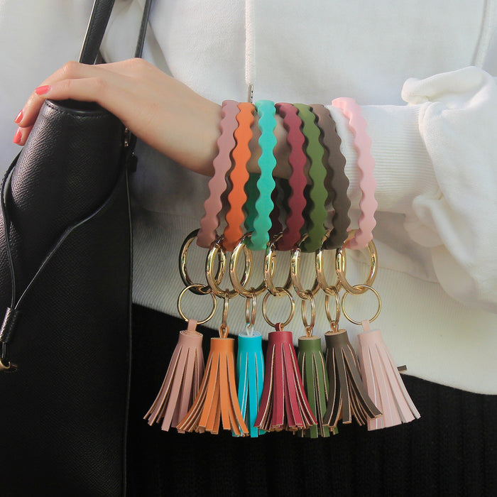 Jewelry WholesaleWholesale Wave Silicone Bracelet PU Tassel Wrist Keychain MOQ≥2 JDC-KC-SHong001 Keychains 尚宏 %variant_option1% %variant_option2% %variant_option3%  Factory Price JoyasDeChina Joyas De China