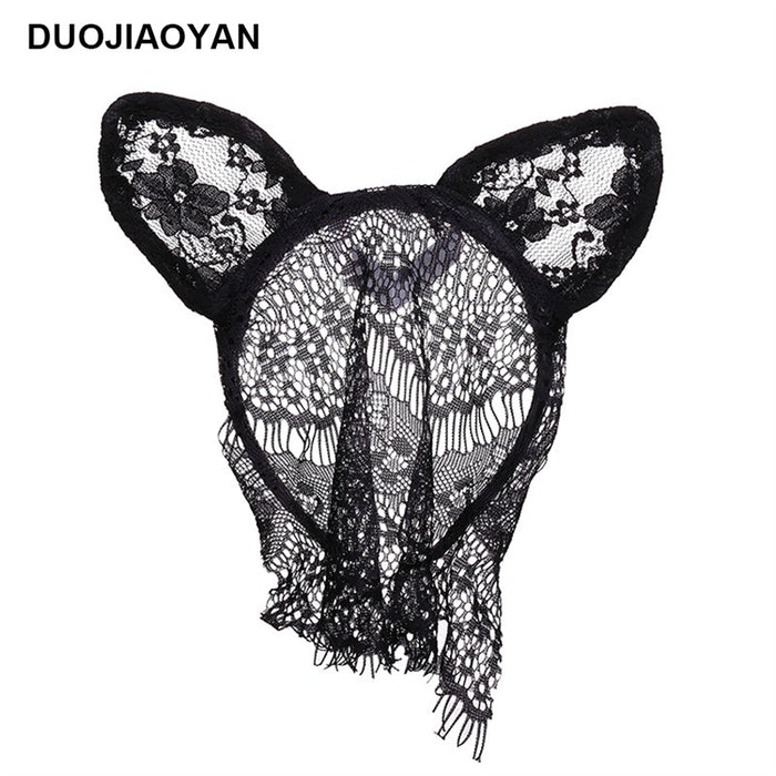 Wholesale lace lace with veil cat and rabbit ears headband MOQ≥3 JDC-HD-Jiaoy009