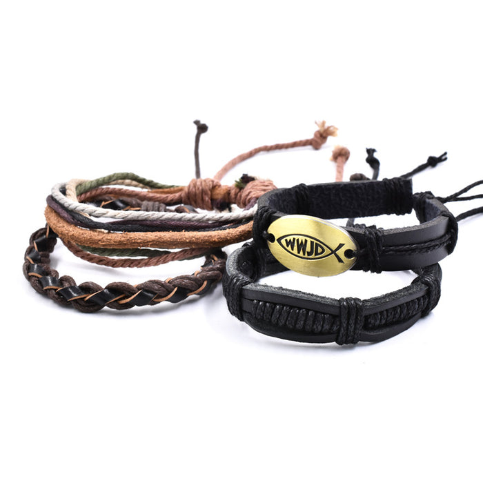 Wholesale religious style English monogram leather bracelet multi-layer adjustable WWJD bracelet JDC-BT-TianG003