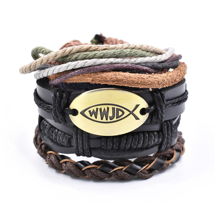 Wholesale religious style English monogram leather bracelet multi-layer adjustable WWJD bracelet JDC-BT-TianG003